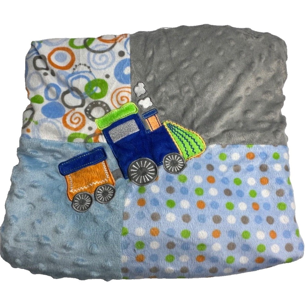 Little‎ Beginnings Baby Blanket Blue Train Raised Bumps Polka Dots Circles Swirl